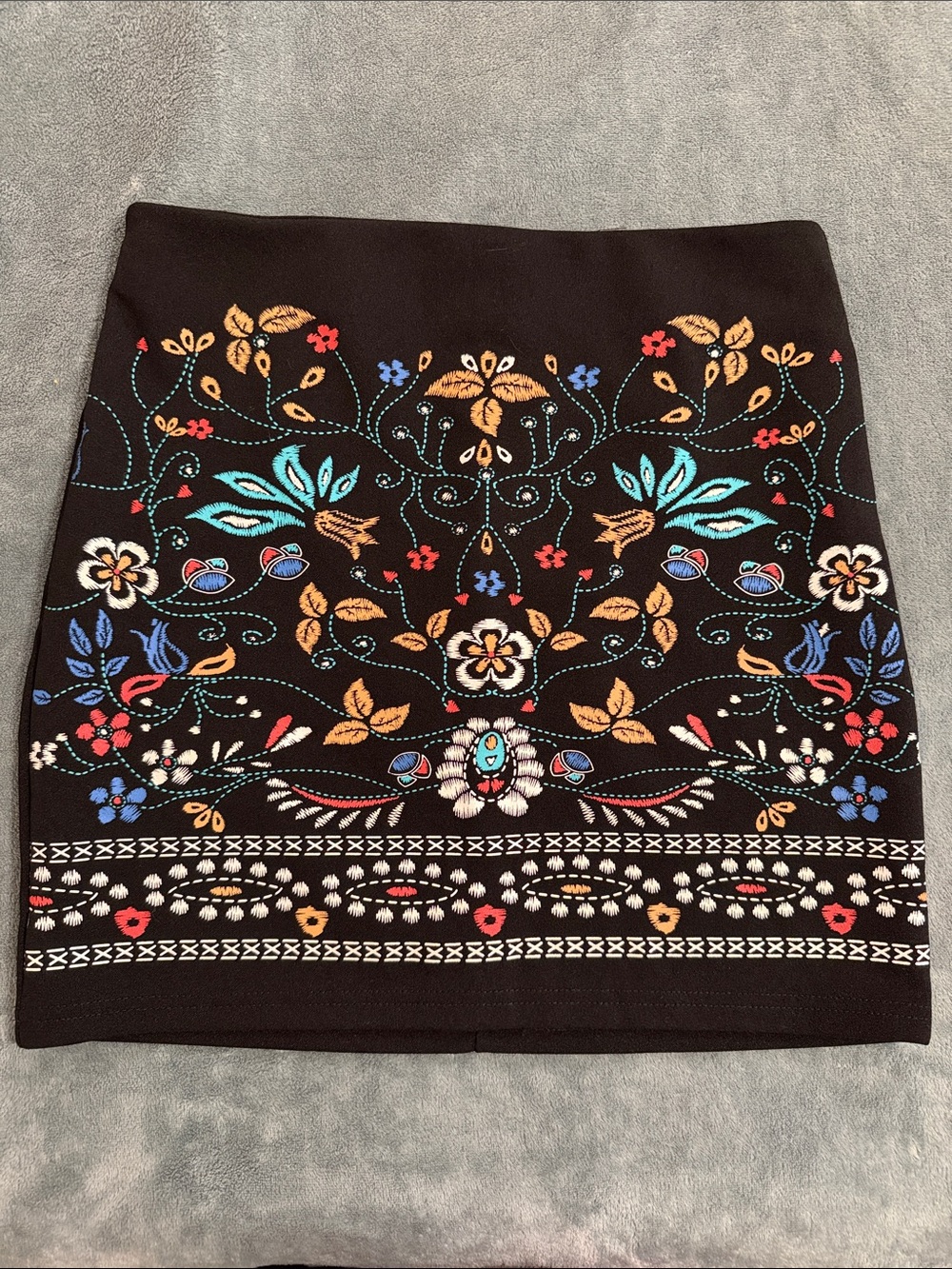 Black Embroidered Floral Mini Skirt